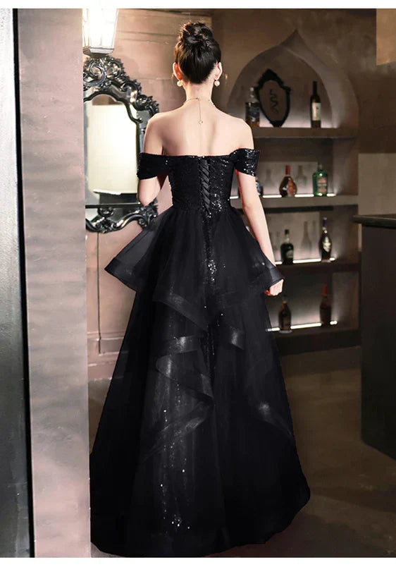 A-Line Princess Tulle Sequins Ruffle Tiered Long Prom Dress with Leg Slit Black Formal Dress