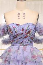Charming A Line Off the Shoulder Blue Printed Long Prom Dress with Ruffles