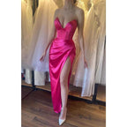 Sexy V Neck Pleats Pink Elegant Long Formal Party Dress with Slit