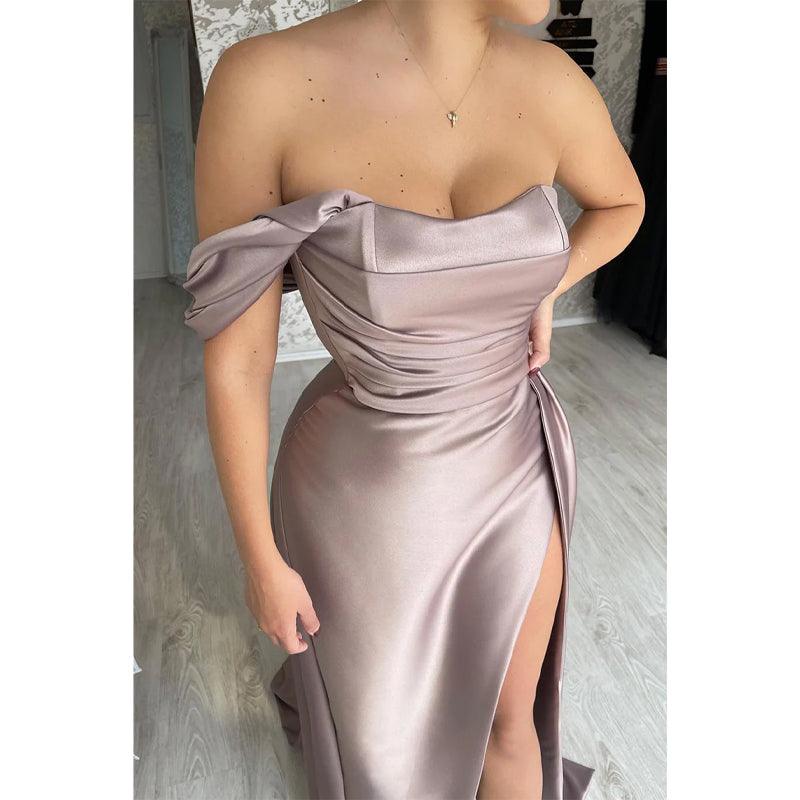 Sheath Off Shoulder Pleated Side Split Long Formal Evening Gown