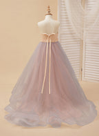 A-line Satin Tulle Sweep Train Champagne Dress (010226776)
