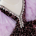 Toddler Ball Gowns Girl Communion Purple Sequin Long Puff Sleeves Princess Pageant Dress