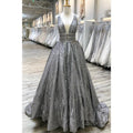 Plunging V-neck Grey Lace Gown Long Prom Dress