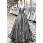 Plunging V-neck Grey Lace Gown Long Prom Dress