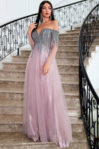 A Line Off the Shoulder Prom Dress with Beading