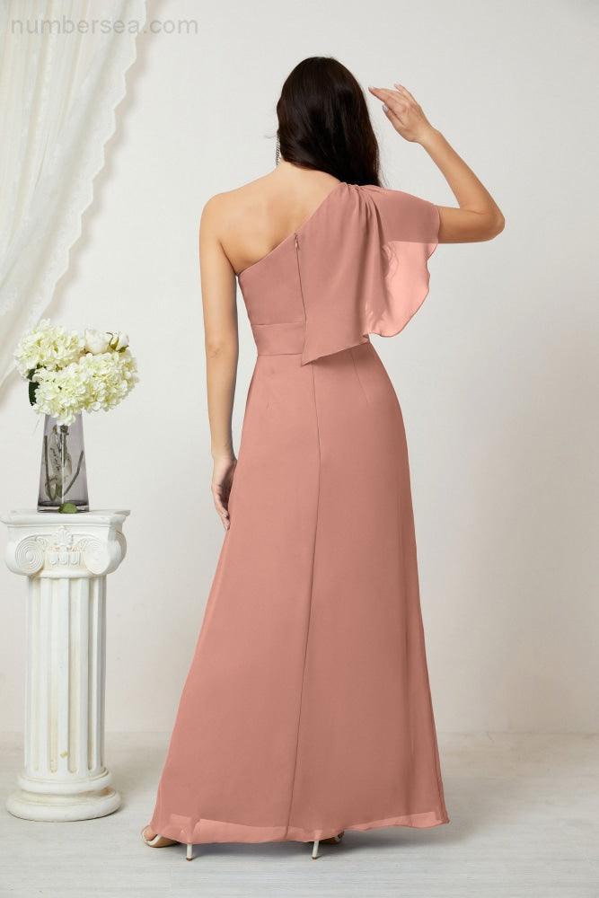 Numbersea  Chiffon Ruffled One Shoulder Long Bridesmaid Dresses A-line Formal Evening Gown Side Split 2809