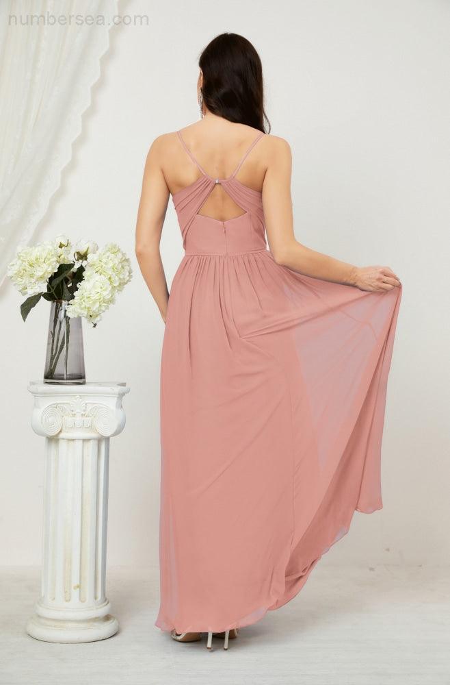 Baoleely  Neck Bridesmaid Dresses Chiffon Long Spaghetti A-line Formal Prom Gown for Wedding Party Evening 2801