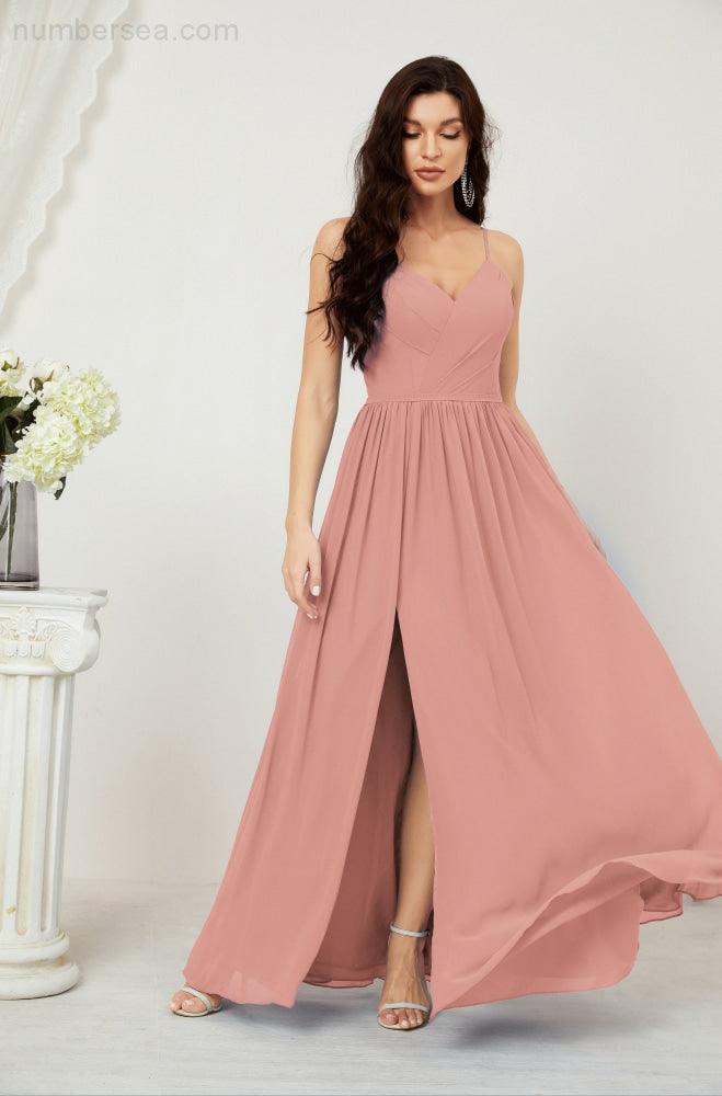 Baoleely  Neck Bridesmaid Dresses Chiffon Long Spaghetti A-line Formal Prom Gown for Wedding Party Evening 2801