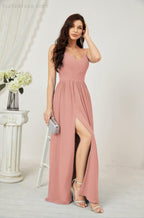 Baoleely  Neck Bridesmaid Dresses Chiffon Long Spaghetti A-line Formal Prom Gown for Wedding Party Evening 2801
