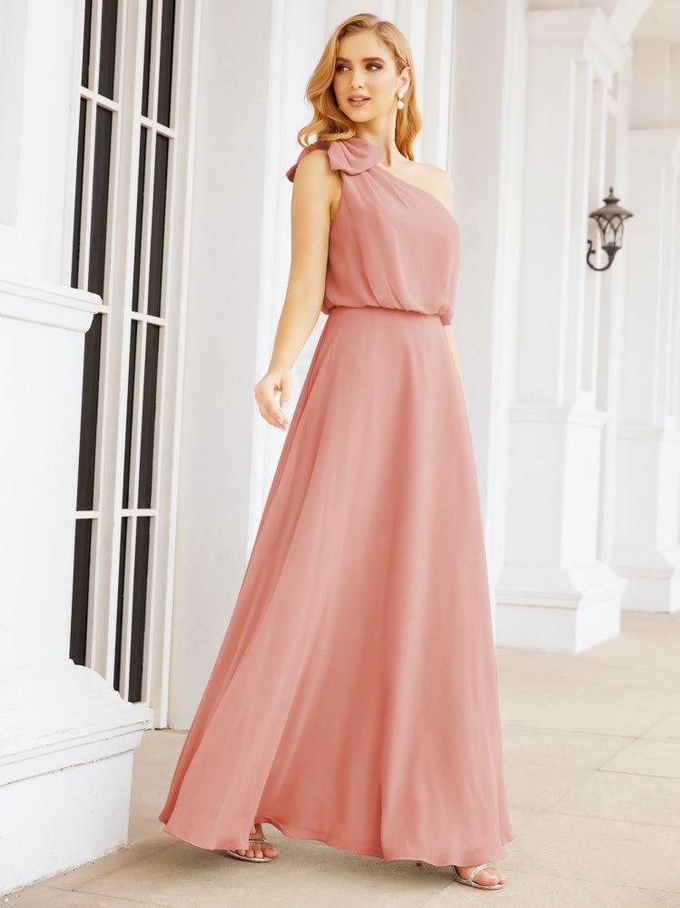 Numbersea Chiffon Ruffled One Shoulder Sleeveless Long Bride Dresses A-line Formal Evening Gown Side Split 28057