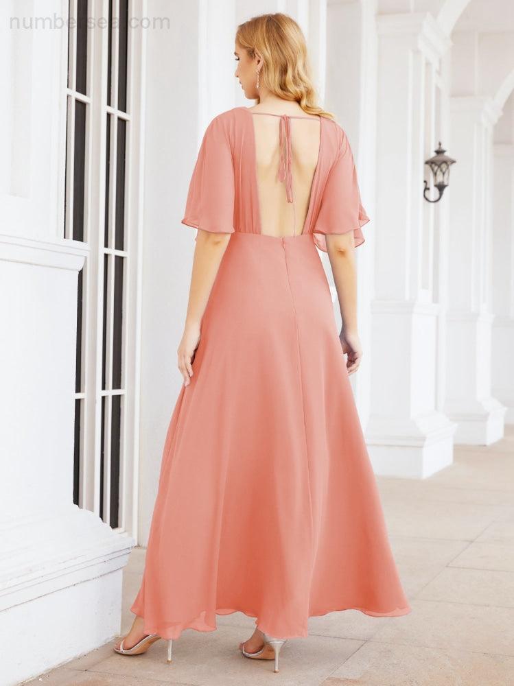 Numbersea V-Neck Bridesmaid Dress Chiffon Long Open Back Formal Dresses for Women Party Evening 28067