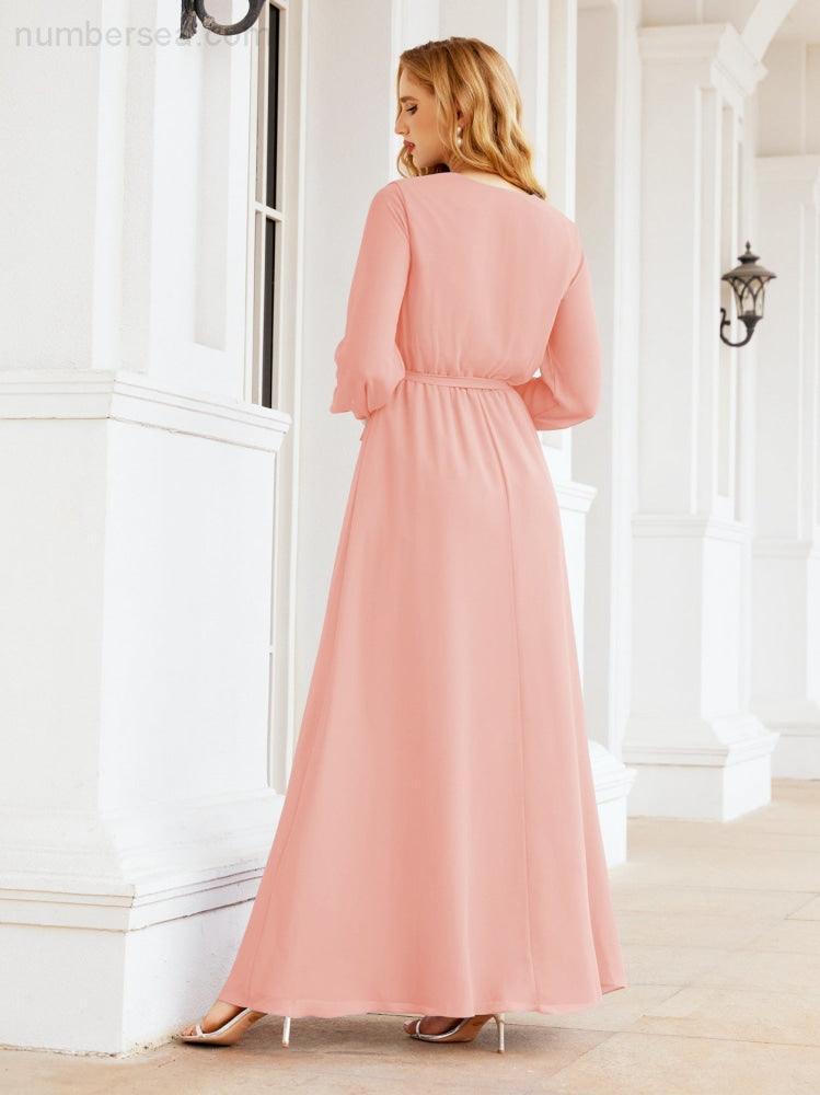 Numbersea Women's Chiffon Bridesmaid Dress A line Long Sleeves Formal Evening Prom Gown for Wedding Guest 28032