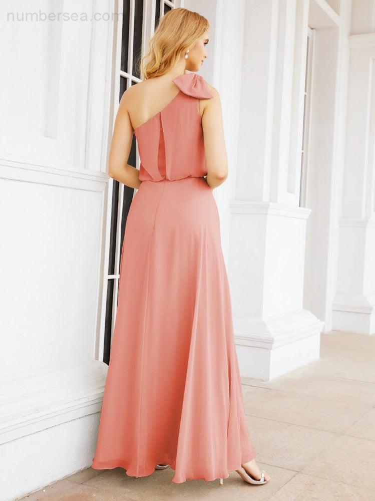 Numbersea Chiffon Ruffled One Shoulder Sleeveless Long Bride Dresses A-line Formal Evening Gown Side Split 28057