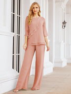 Sunnderly Elegant 2 Piece Mother of The Bride Dress Plus Size Pant Suits Ruffle Layers Sliver Housecoat SY28064