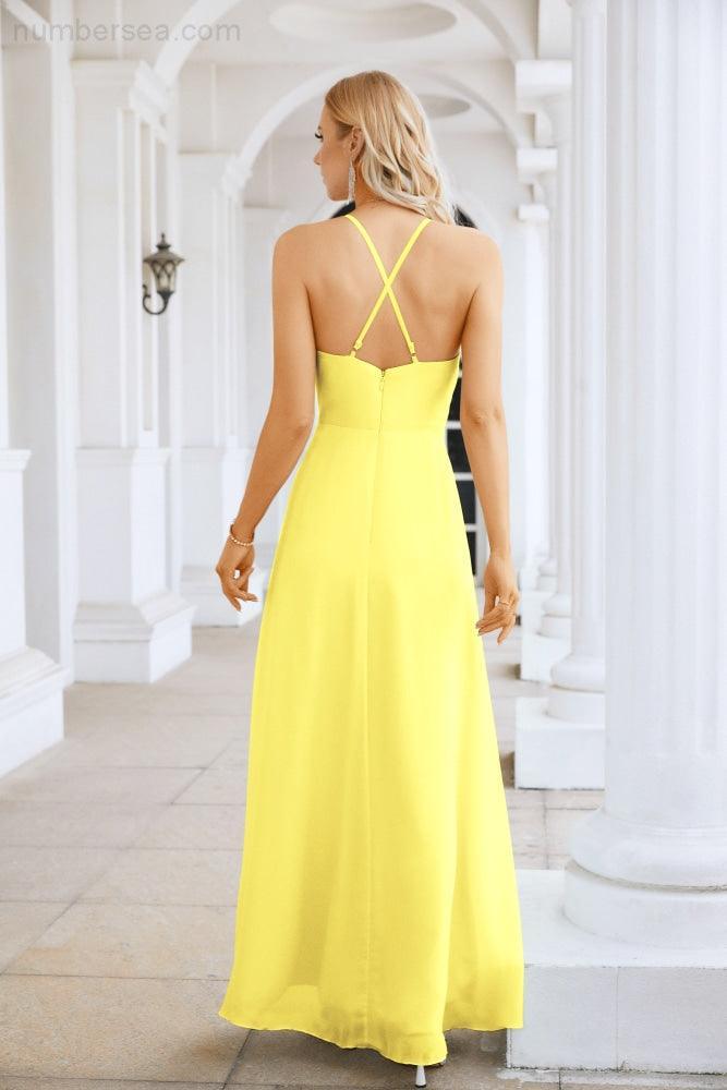 Ladies Chiffon Spaghetti Strap V Neck Front Slit Floor Length Bridesmaid Evening Dress Prom Party Wedding Evening Dress 28116