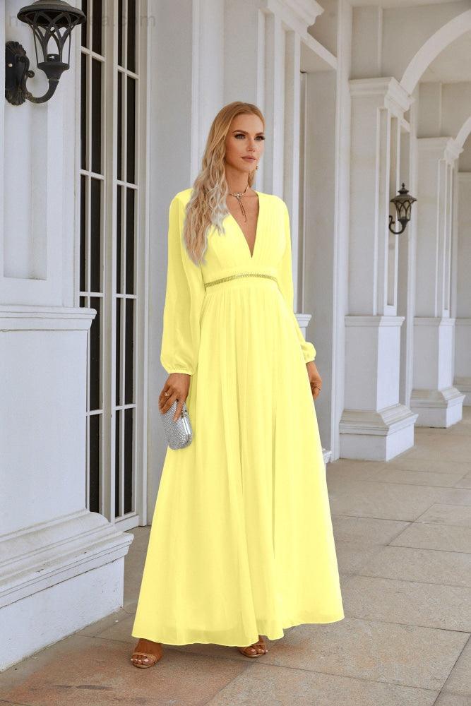 Ladies V Neck Chiffon Long Sleeve Front Slit Bridesmaid Evening Dress Wedding Party Shopping Evening Dress 28109