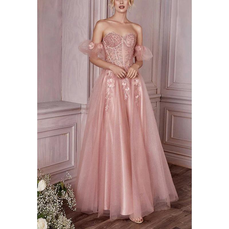 Sweetheart Strapless Floral Appliqued Ruched Tulle A-Line Long Prom Dress
