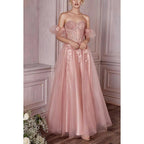 Sweetheart Strapless Floral Appliqued Ruched Tulle A-Line Long Prom Dress