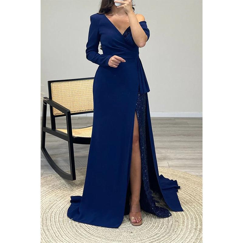 Sexy One Shoulder Beaded A-line Long Prom Dress Ecvening Gown Party Dress