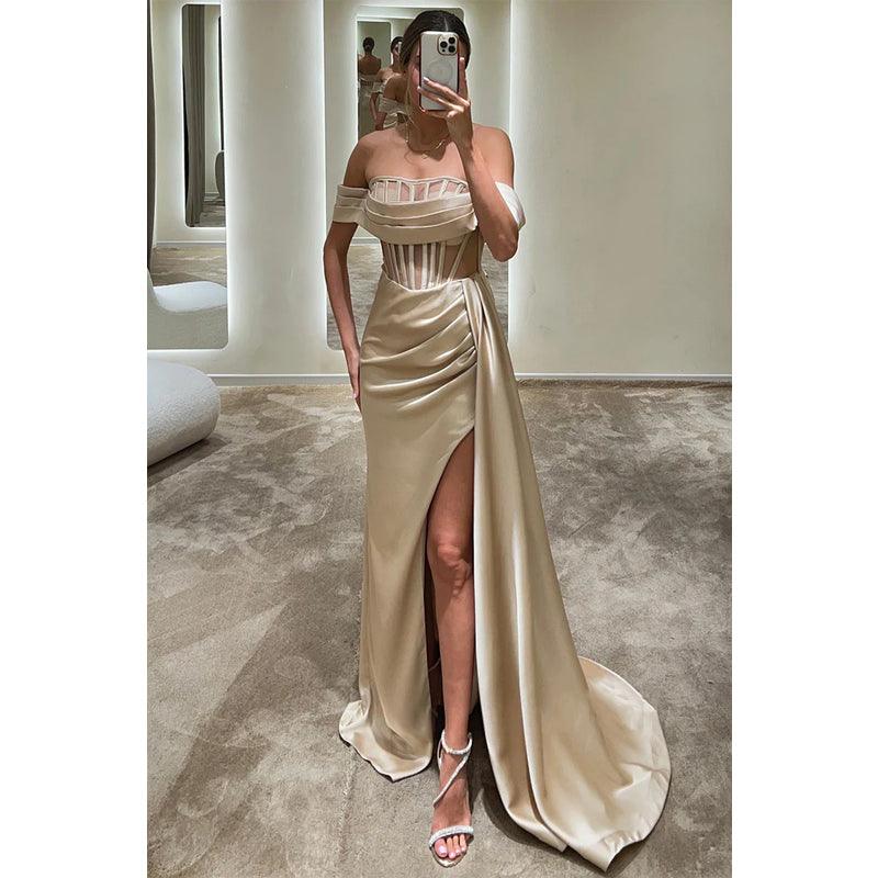 sexy & hot satin off-shoulder illusion pleats long prom dress with slit