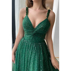 Women's Spaghetti Straps Sequins Green Sparkly Long Prom Dress with Pockets