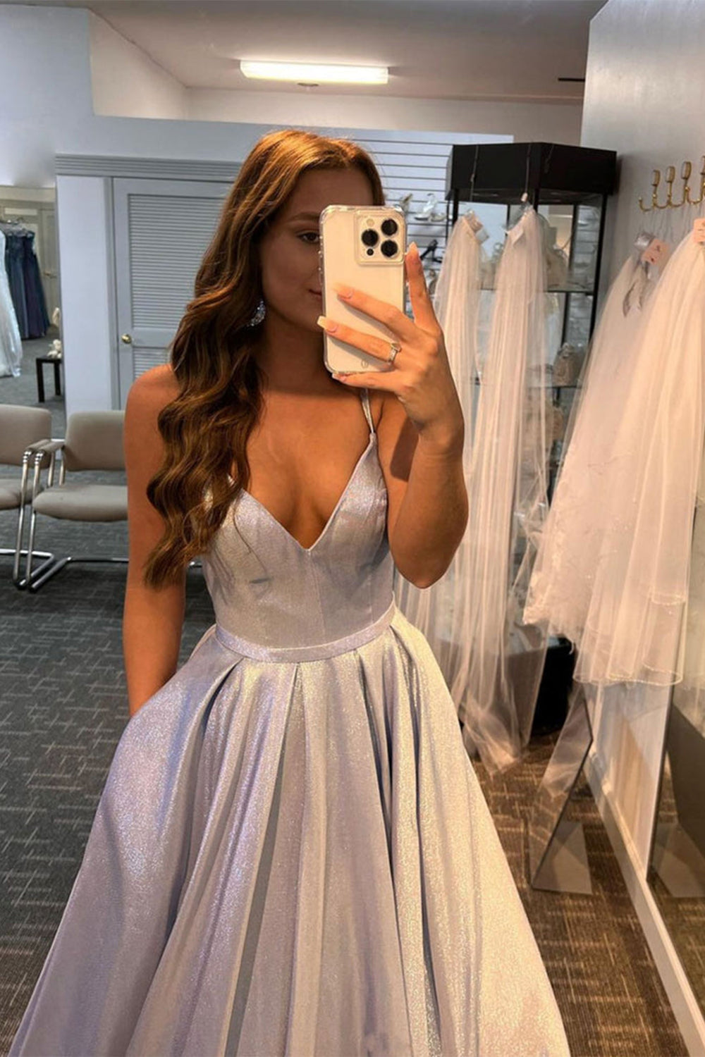 Glitter Long Prom Dress with Pockets