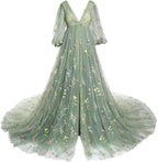 Embroidery Tulle Robe Maternity Dress for Photoshoot Ball Gown Slit Pregnancy Baby Shower Gown