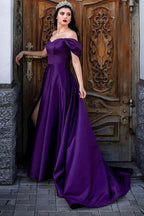 A Line Off the Shoulder Purple Long Prom Dress with Split Front