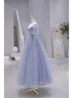 Sparkling Short Sleeves Tulle Long Sweetheart Party Dress A-line Blue Prom Dress