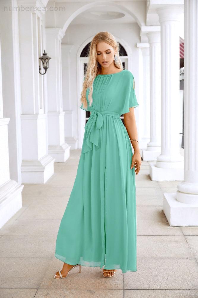 Ladies Chiffon Sleeve Crew Neck Front Slit Floor Length Bridesmaid Evening Dress Wedding Party Evening Dress 28124
