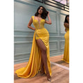 Sexy Deep V Neck Yellow Mermaid Prom Formal Dress with Slit
