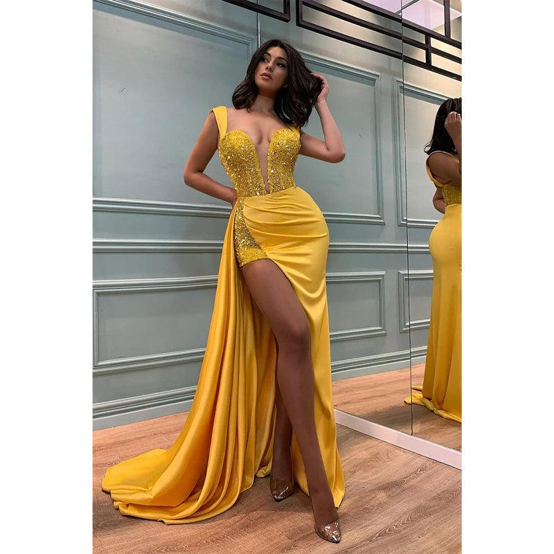 Sexy Deep V Neck Yellow Mermaid Prom Formal Dress with Slit
