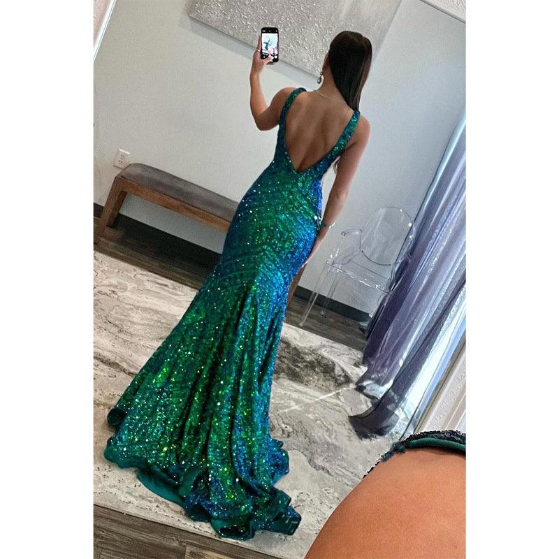 Trumpet/mermaid V-neck Sequins Green Long Formal Evening Gowns