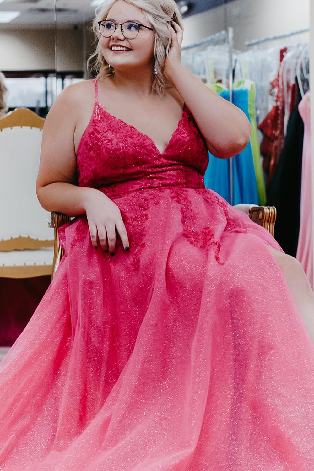 A Line Spaghetti Straps Royal Blue Plus Size Prom Dress with Appliques