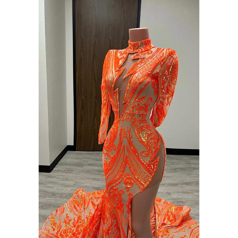 Sheath/Column High Neck Sequined Split Long Sleeves Prom Evening Formal Dress