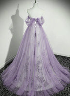 Lavender Tulle A-line Beaded Off Shoulder Party Dress Long Formal Quinceanera Dress
