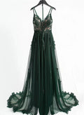 A-line V-neckline Spaghetti Strap Tulle with Lace Prom Dress Evening Dress