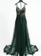A-line V-neckline Spaghetti Strap Tulle with Lace Prom Dress Evening Dress