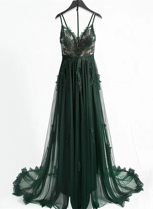 A-line V-neckline Spaghetti Strap Tulle with Lace Prom Dress Evening Dress