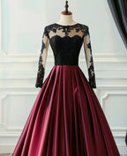 A-Line Ballgown Wine Satin with Black Lace Long Sleeves Prom Dress Formal Dress