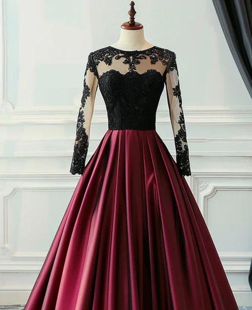 A-Line Ballgown Wine Satin with Black Lace Long Sleeves Prom Dress Formal Dress