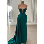 Sheath/column Green Beaded Strapless Long Prom Dress Evening Gowns