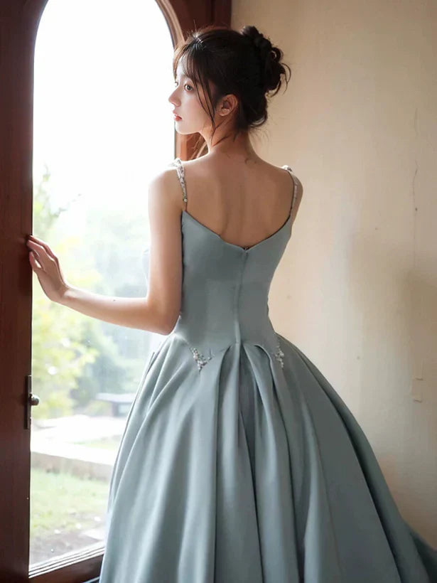 A-Line Satin Beaded Straps Long Evening Dress Ballgown Satin Prom Dress With Sweep Train
