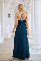 Ladies Chiffon Spaghetti Strap V Neck Front Slit Floor Length Bridesmaid Evening Dress Prom Party Wedding Evening Dress 28116