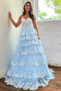 Princess A Line Spaghetti Straps Blue Corset Prom Dress with Lace Ruffles