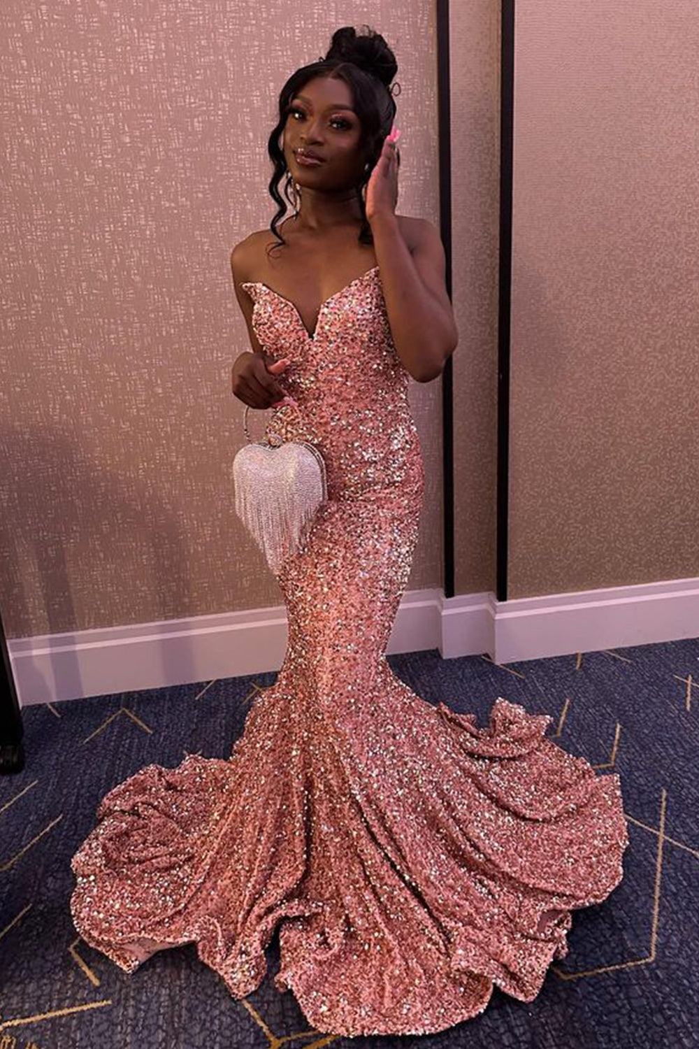 Mermaid Fuchsia Sequins Long Prom Dress