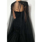 Sexy Deep V Neck Beads Black Mermaid Formal Party Dress with Train