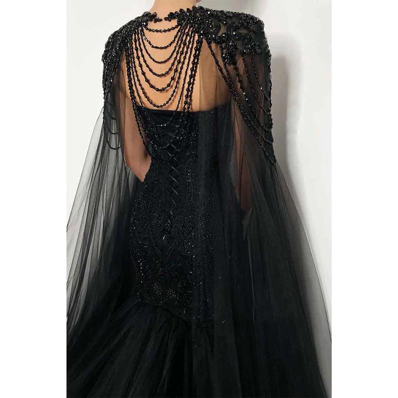 Sexy Deep V Neck Beads Black Mermaid Formal Party Dress with Train