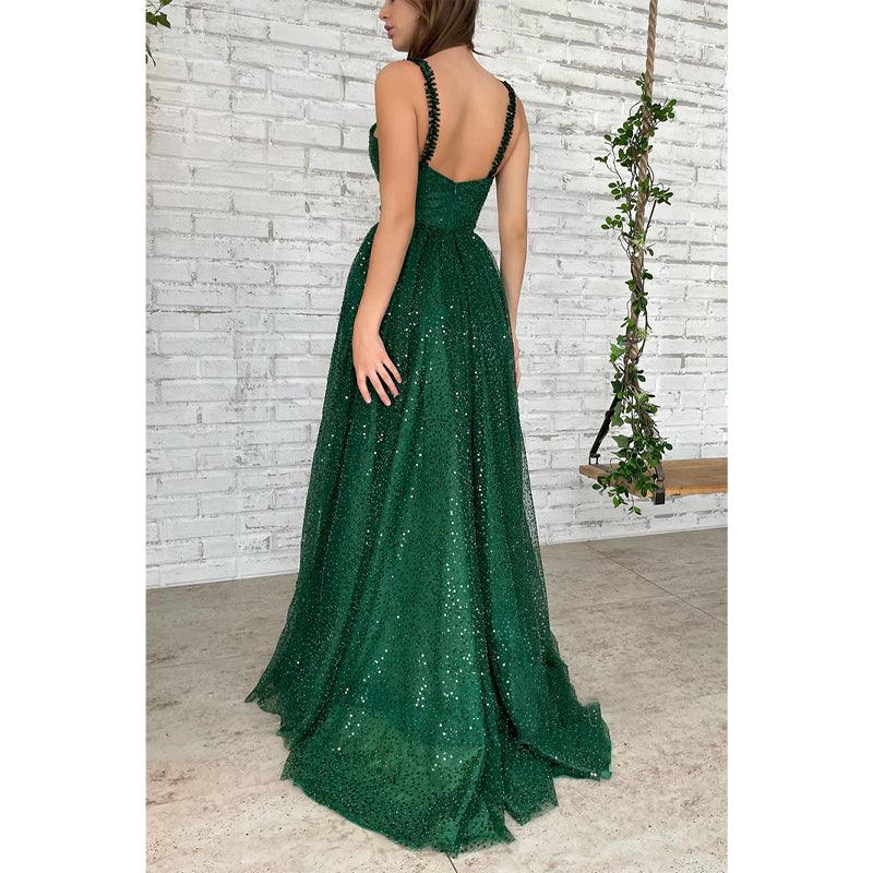 Women's Spaghetti Straps Sequins Green Sparkly Long Prom Dress with Pockets