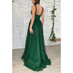 Women's Spaghetti Straps Sequins Green Sparkly Long Prom Dress with Pockets